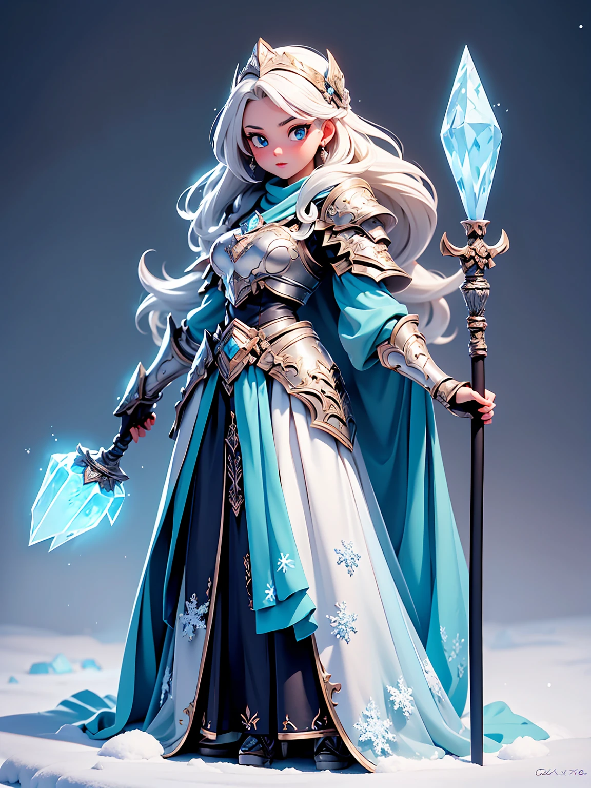 (((masterpiece, best quality, 8k))) Design a layout showcase Gaming character, (1girl),((perfect face, high detailed face)). Blue+White armor, icy and pristine, ((showcase weapon:1.4)), ice staff, (masterpiece:1.2), (best quality), 4k, ultra-detailed, (Step by step design, layout art:1.5), (frosty lighting, chilling atmosphere), ice mage, ((fur gloves)), (((revealing ice armor:1.3))), ice vambraces, fur-trimmed boots, (((full_body_shot:1.4)))