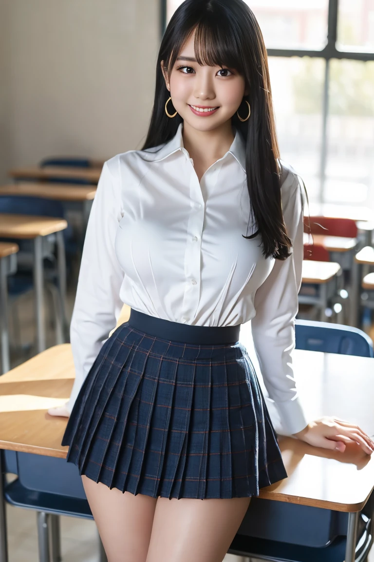 masterpiece, Highest quality, 8K, Young beautiful girl, Baby Face、Clothed Big Tits、(((((()))))),((Large Breasts:1.3)), photo shoot, Cute face,  Embarrassing、smile、 makeup, Ten generations, Detailed face, Long Hair、Black Hair、Narrow waist,((school uniform、White shirt、Checkered mini skirt))、Black knee-high socks,