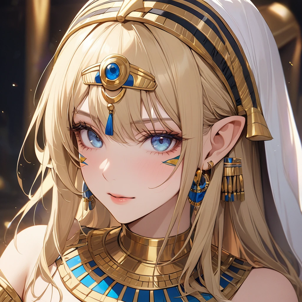 ((Best Quality)), ((masterpiece)), (detailed), （Perfect Face）、The high elf female Tutankhamun is Seras Ashlain, wearing an Egyptian Tutankhamun costume, a golden Tutankhamun mask, gorgeous jewelry accessories, and an engagement ring. She is a blonde high elf with medium-long hair, and her face is painted gold to resemble Tutankhamun&#39;s face.