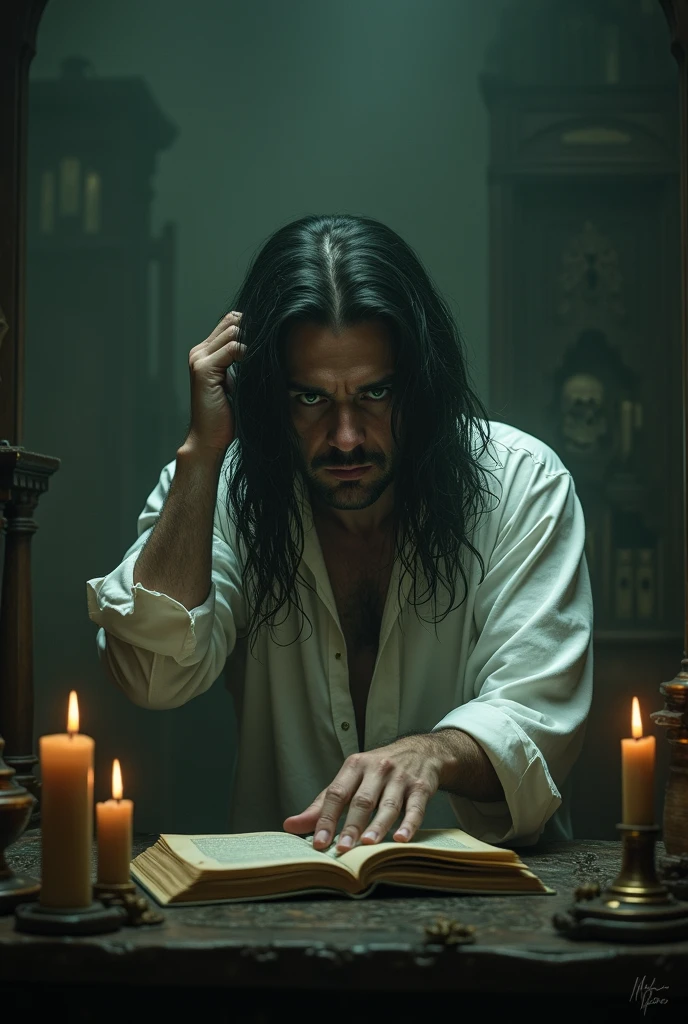 Severus Snape, reading a book, dark room, candle light, naked, bare chest