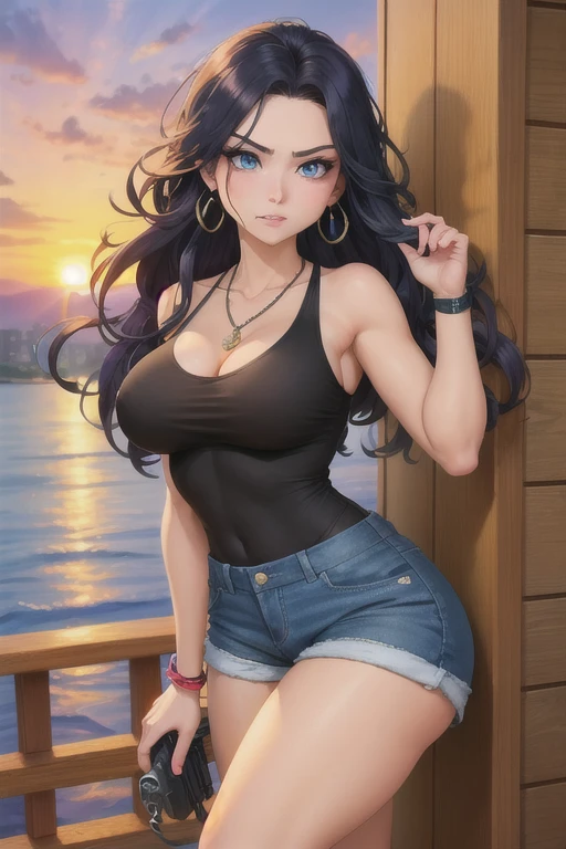 Cel-shaded, color manga, seed 156378292, the background is a sunset harbor. The character is a beautiful woman with long black hair and sharp eyes. Her hair is flowing naturally in the wind, reaching her shoulders with a smooth texture. Her face has a sharp contour, with high cheekbones and a well-defined jawline. Her eyes are blue, giving off a strong and confident impression. Her eyebrows are thin, sharp, and straight, designed to convey strength and confidence. Her nose is straight and prominent, and her lips are tightly closed. Her lips are somewhat thin, and her expression is calm but hints at anger. She is wearing a black tank top and denim shorts that fit closely, highlighting her large chest and muscular yet feminine curvy figure. Around her neck, she wears a skull pendant necklace. She is holding two black pistols, mid-action, with bullets already fired. Her pose is dynamic and powerful, with her charisma strongly emphasized against the sunset backdrop. Ensure the image captures her full-body angle, displaying her entire figure from head to toe. She has a cigarette casually placed in her mouth, further emphasizing her rebellious attitude. She wears a subtle black wristband on her left wrist, and no other accessories such as earrings or additional wristbands should be included. The overall image should feature strong, vivid lines and cel-shaded coloring with high contrast. The sunset glow should reflect off her skin and hair, creating a warm, radiant effect. Her intense, rebellious expression should be emphasized, particularly in her piercing blue eyes and slightly provocative demeanor. The action pose should showcase her readiness, with her legs slightly apart and knees bent, reflecting her strength and confidence