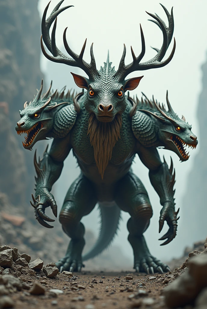 Make an armored lizard with a deer head, and also have dragon heads. In 4K version.