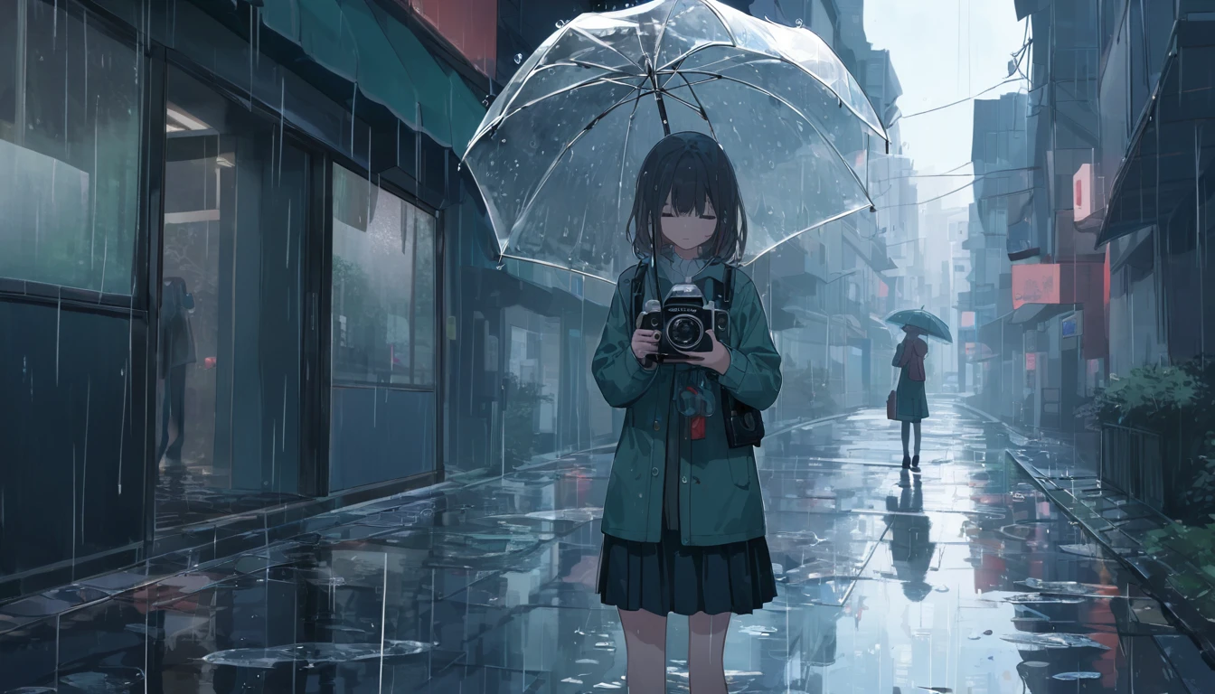 A high school girl holding a camera on a rainy day, walking under a clear umbrella. She gazes at the city streets glistening with rain, fascinated by the reflections in puddles and the soft patter of raindrops. Her camera is poised to capture the beauty of the moment, even as raindrops gently land on her lens. The scene is peaceful and atmospheric, with cool tones and soft light reflecting off the wet pavement. The rain adds a serene, almost melancholic charm to her quiet exploration of the world through her camera.