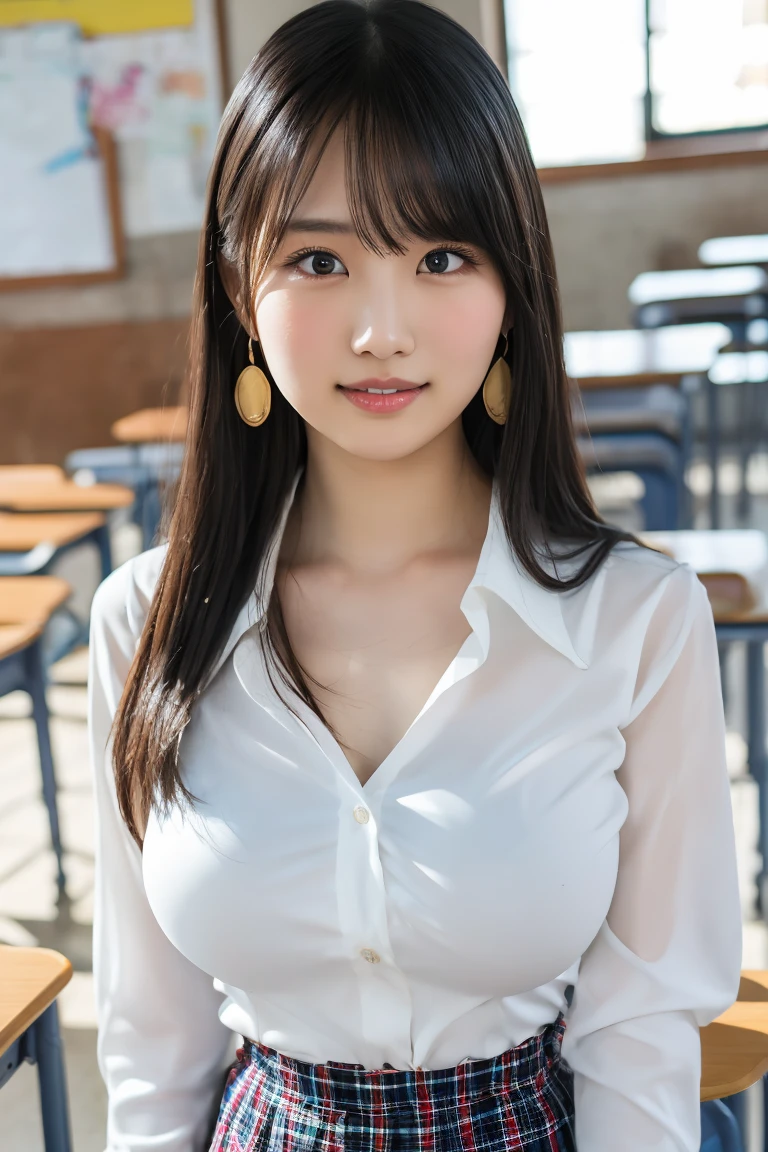 (model-like physique:1.4),seductive smile,heavy make-up,adult,earring,long neck,Browsing Caution,bursting breast,Highest quality,Ultra-high resolution,1 person,whole body,Black hair, bangs, cool expression,Looking into the camera,Beautiful and elaborate face,Fine and beautiful skin,Skin Texture,high school student, school uniform, (tight-fitting white shirt:1.4),(big breasts:1.4), Checked mini skirt,Classroom after school,(Standing pose,1.3: