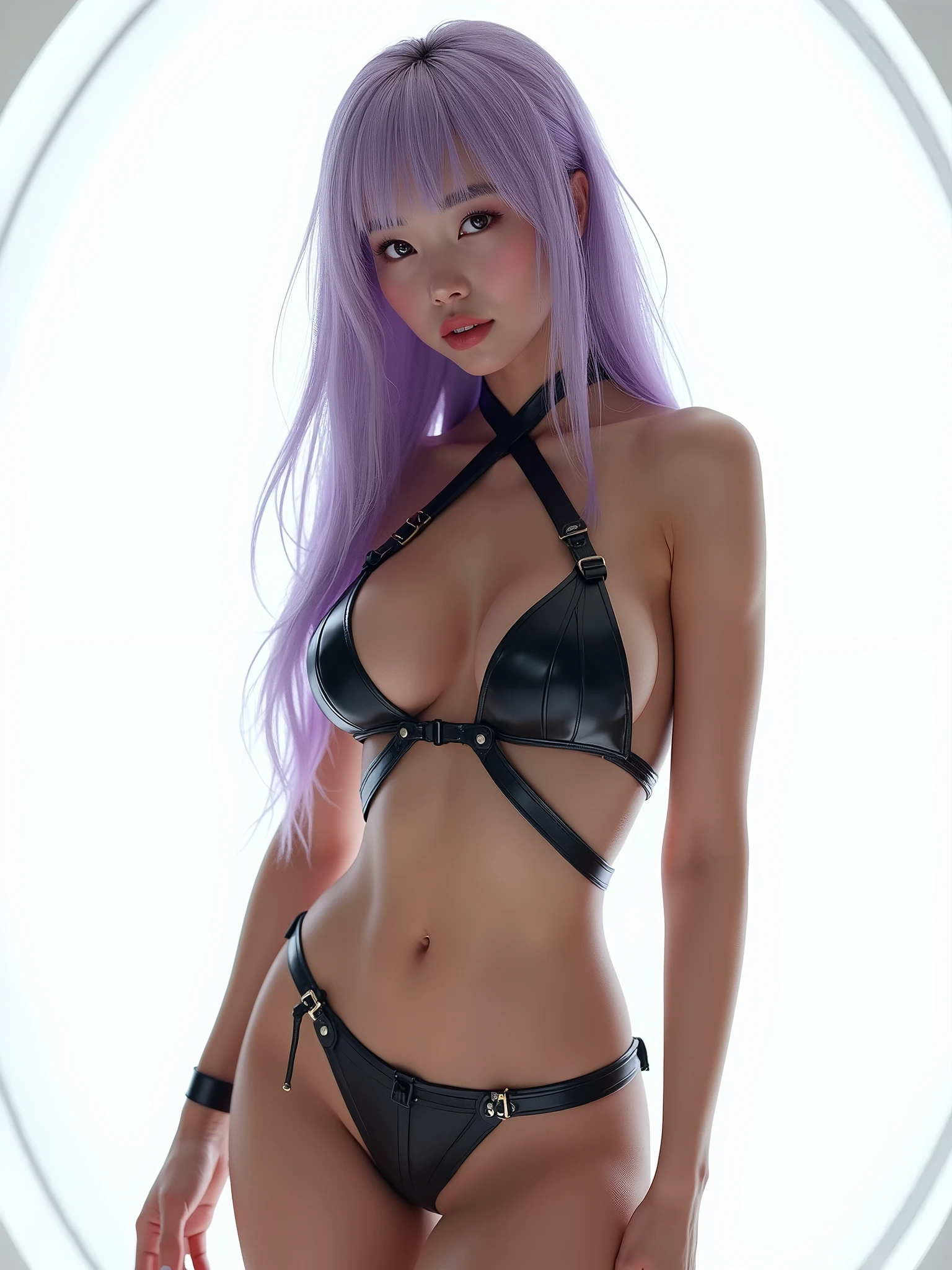 ((vulgar)),Sweaty、super breasts、Thigh emphasis、transparent full body image、thick and fresh lips (Glossy skin 1.7), girl),((sling bikini)),((Black hair, Very short hair, trimmed bangs),pov,Sexy Posing、(Various poses),black background