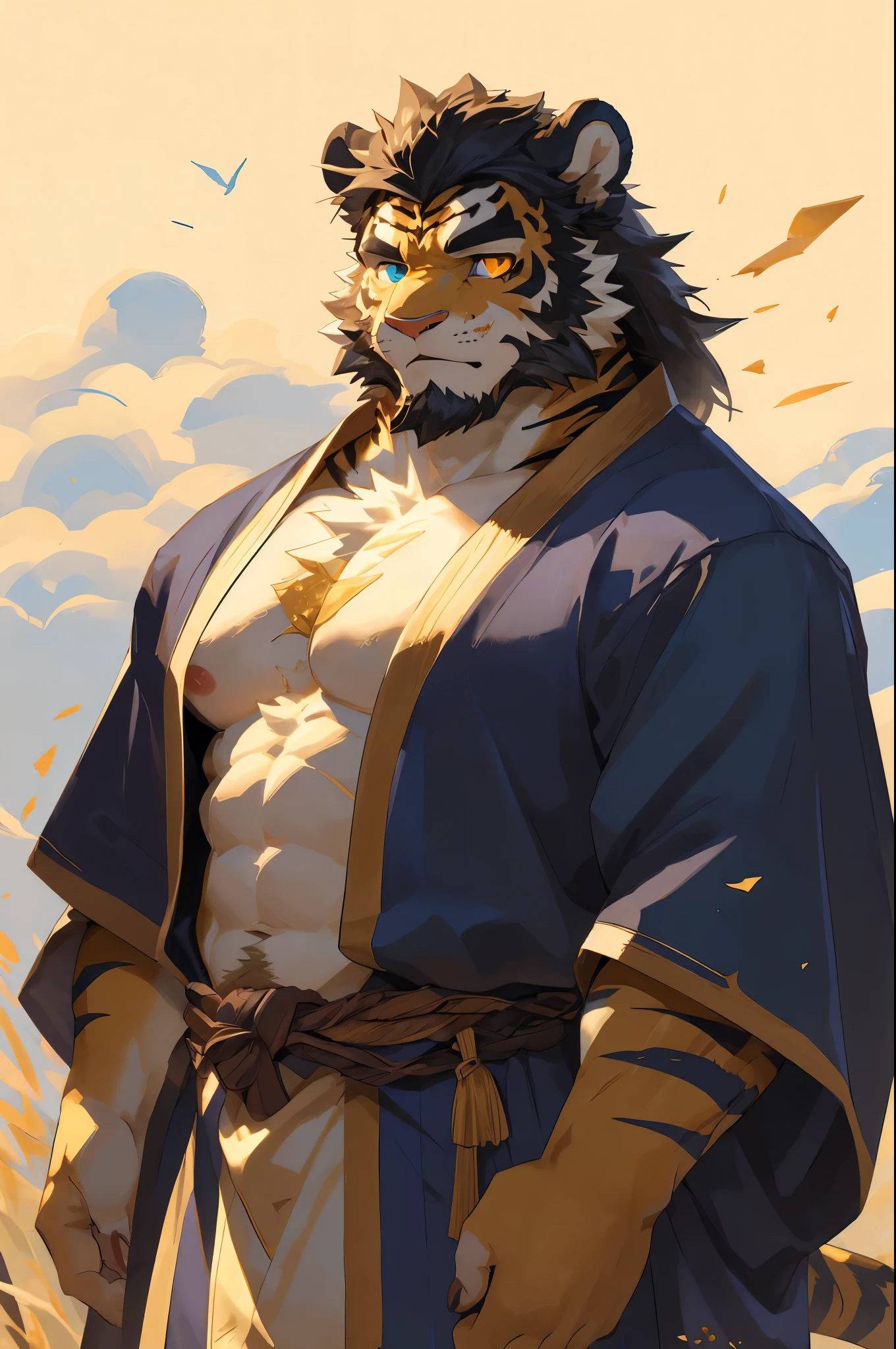 A close up of Lion with a large chest in a kimono, muscular, furry Lion, samurai, furry chest, fluffy chest, commission for high res, anthropomorphic,extra detailed body, detailed body, Best quality, masterpiece, ultra high res,detailed background,realistic, real shadow and light,depth of field, (View from beside), details skin, angry face, Sexybody, Sixpack.