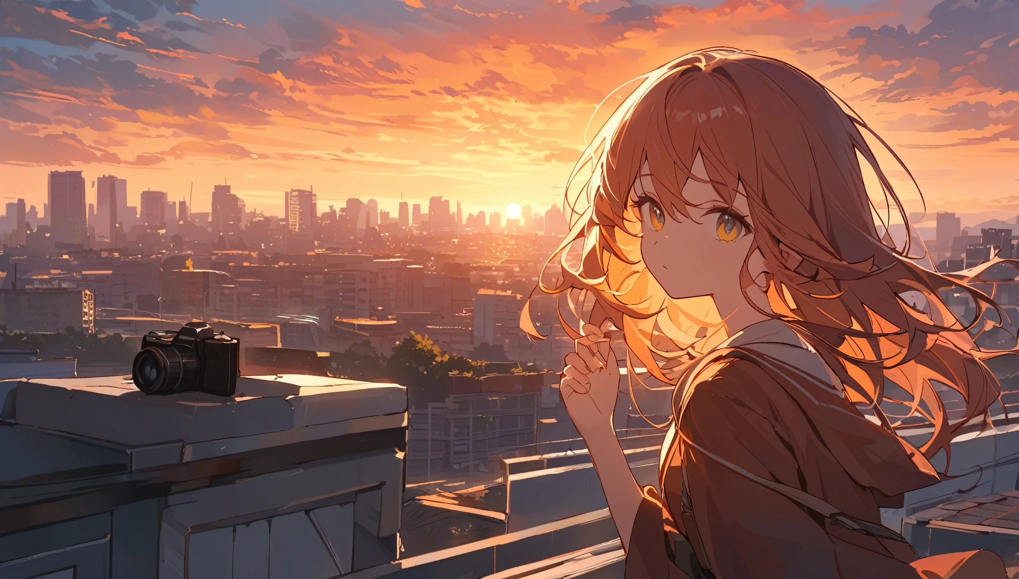 A high school girl standing on the school rooftop after class, her camera ready as the sun sets in the distance. The sky is painted in vibrant shades of orange and pink, casting a golden glow over the distant cityscape. She’s completely absorbed in capturing the stunning sunset, her hair gently swaying in the breeze. The sunset reflects in both her camera lens and her eyes, creating a moment of serene beauty. The atmosphere is tranquil, filled with the soft warmth of fading daylight, and the quiet peace of a day coming to an end.