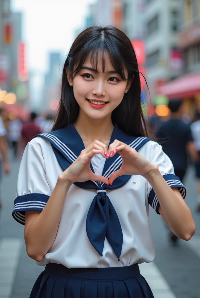 (table top, highest quality:1.2), 8k, official art, RAW photo, incredibly ridiculous, (Upper body, sailor suit, serafuku:1.4), beautiful girl, cute face, turn back, navy pleated skirt, reach out your hand、cute belly button、skirt、gold ornaments in hair、close, school uniform, short sleeve, gardenia, viola lace, Ten generations, street, looking at the viewer, film grain, chromatic aberration, sharp focus, face light, dynamic lighting, cinematic lighting, Eye and face details, background bokeh, (1 dark red bow tie:1.2)