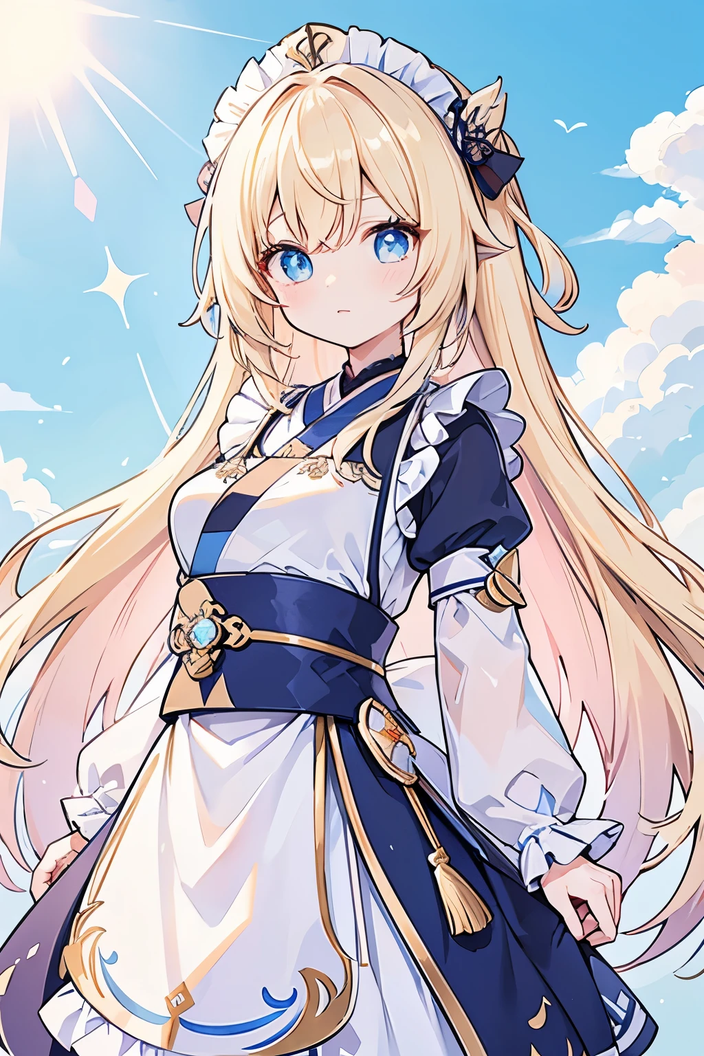 Anime girl with long blonde hair and blue eyes in a blue dress - SeaArt AI