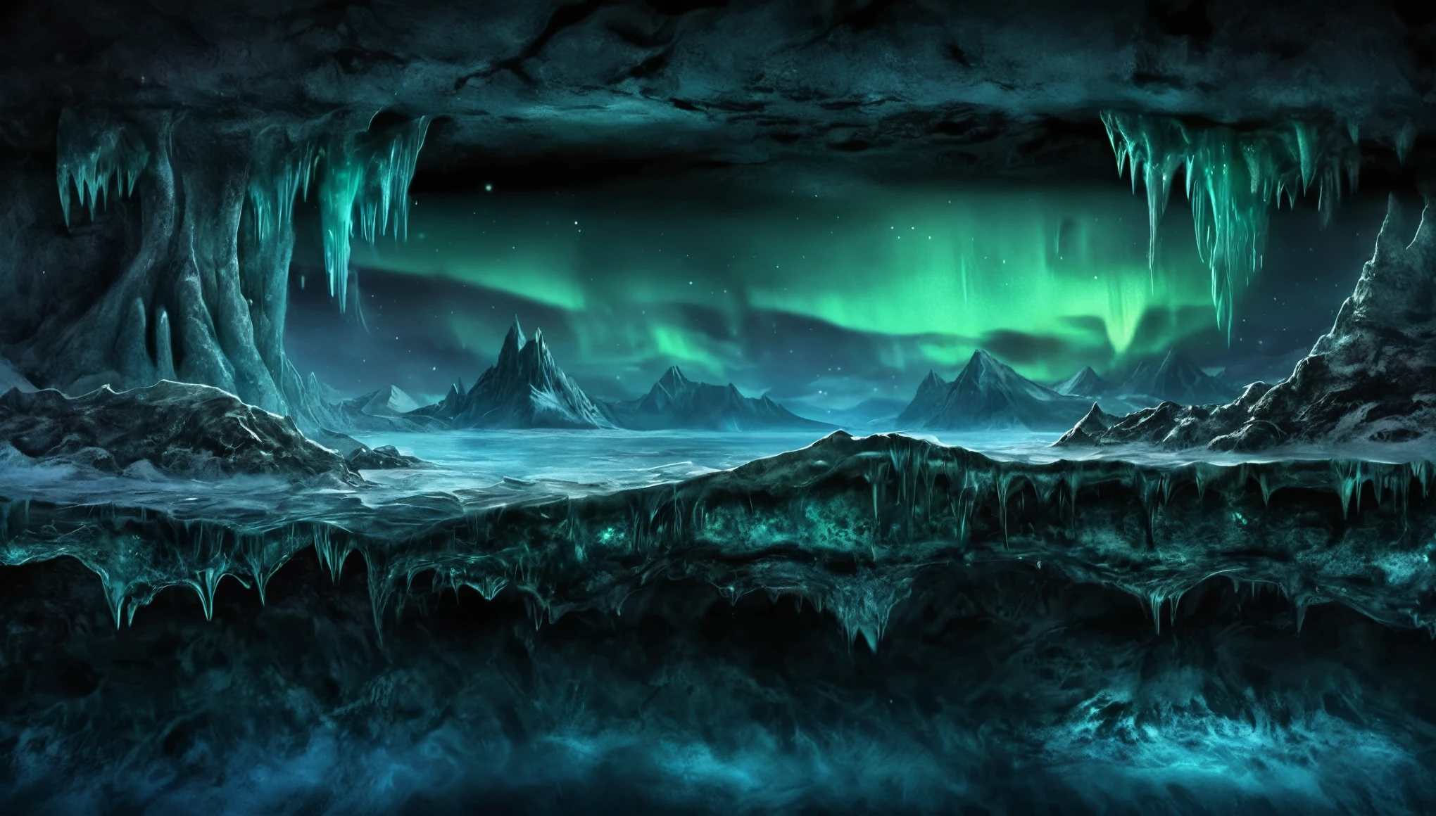 Night sky landscape, An ancient cosmic horror slumbers in a cave beneath the ice, Colorado State University, cross section, underground, From the side, Cthulhu, Dawn in the South, Northern Lights, masterpiece, , CG, wallpaper, HDR, high quality, HD, Extremely detailed