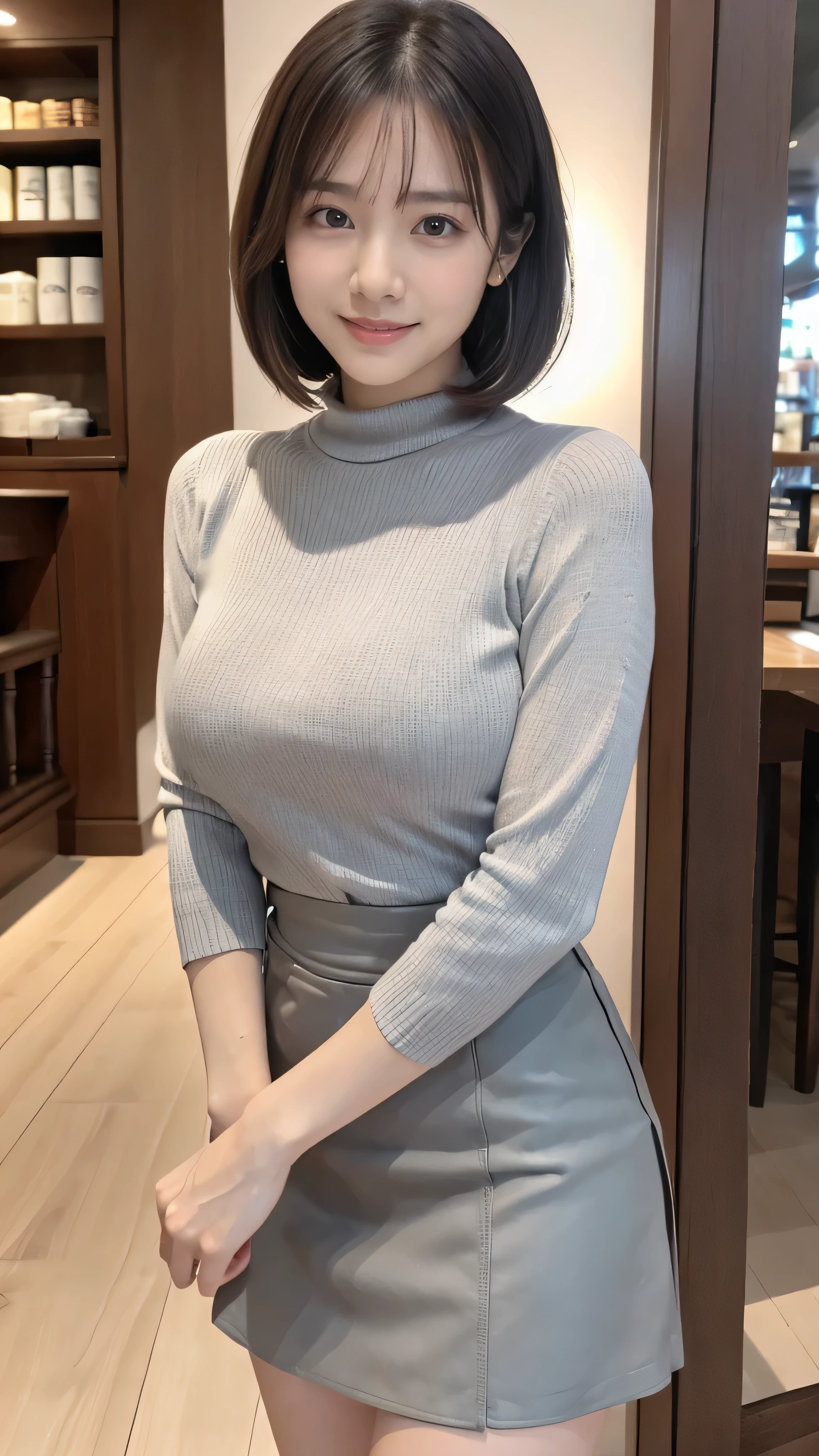 ((masterpiece))、((highest quality))、photograph、reality、High resolution、Very detailed、Married women、30th generation、Delicate features、short hair、Realistic background and accessories、Big and ample breasts、Sexy smile、restaurant、Walk around the store、expensive、A tight grey blouse that accentuates her soft breasts、Tight knit skirt、((Indirect lighting only))、Deep Shadow、Look to the side、Wide-angle、