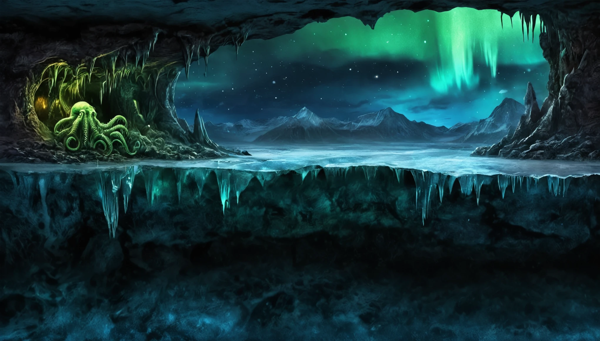 Night sky landscape, An ancient cosmic horror slumbers in a cave beneath the ice, Colorado State University, cross section, underground, From the side, Cthulhu, Dawn in the South, Northern Lights, masterpiece, , CG, wallpaper, HDR, high quality, HD, Extremely detailed