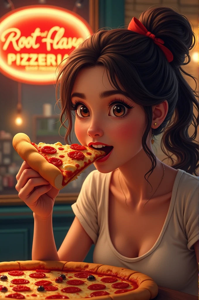 Pizza Movie Title Text="Pizza Party", Adult Movie Poster starring Beautiful Brunette, light blue bikini and jewelry at the diner, Beautiful Brunette holding a sloppy pizza deep in her mouth. White mozzarella cheese splash on face and dripping off her lips and chin and dripping on her cleavage. Pixar Studio style.