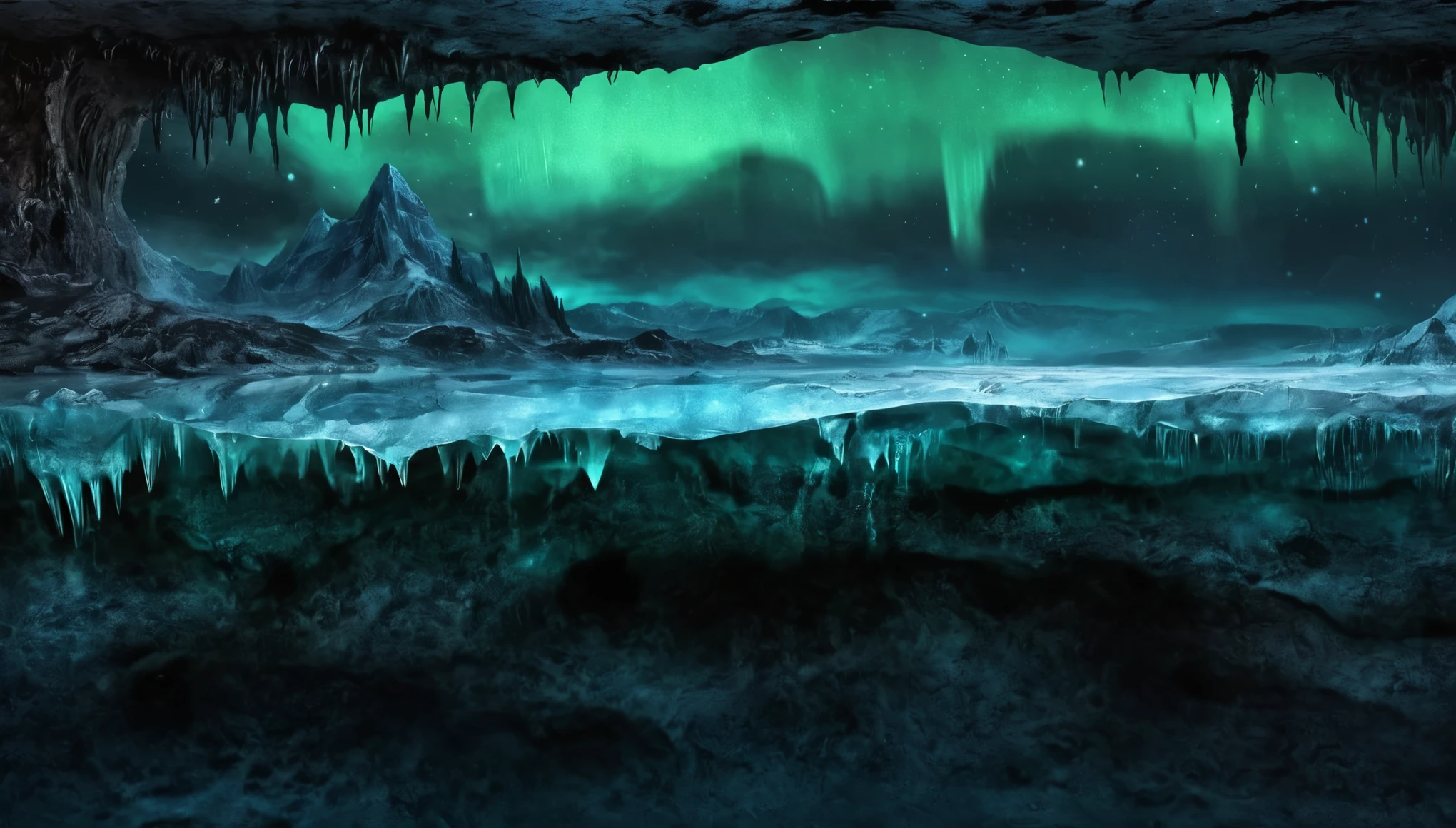 Night sky landscape, An ancient cosmic horror slumbers in a cave beneath the ice, Colorado State University, cross section, underground, From the side, Cthulhu, Dawn in the South, Northern Lights, masterpiece, , CG, wallpaper, HDR, high quality, HD, Extremely detailed