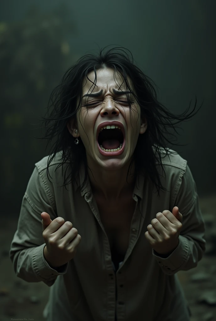 A dramatic and intense scene in a dimly lit environment, featuring a terrified woman on the ground, drenched and in a state of distress. Surround her with a group of shadowy, ominous figures, all wearing tattered clothing, creating a sense of claustrophobia and fear. The lighting should be moody, highlighting the contrast between the dark surroundings and the distressed expression of the woman. The atmosphere should evoke suspense and horror, without any text in the image.