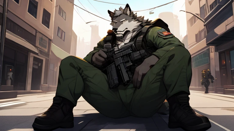 A Left Side Picture of A Very Muscular Furry style Gray Wolf. he is wearing A Dark Green Soldier suit. his eyes are looking in the gun looking spot. he is holding a ak-47 in front him. he is aiming at something that is in front of him. The background is all gray. he is Laying with his belly down on the ground. he is on top of building