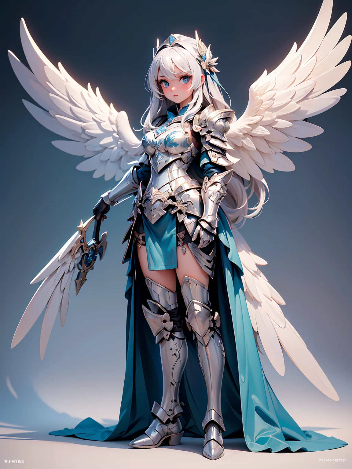 (((masterpiece, best quality, high detailed, 16k))) (1girl) A serenely beautiful woman with long silver hair and radiant blue eyes. She wears a gleaming silver and white armor, with large, luminous white wings. ((full body front view)), (extremely detailed:1.5)
