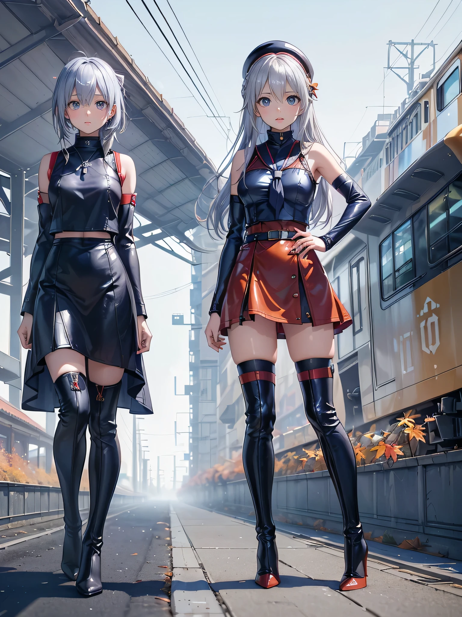 A woman wearing a dark gray sweatshirt, gray cargo pants, silver hair, purple eyes, smiling, muscular, black boots, walking on a sidewalk in a city in the sun, blurred background, bokeh effect, stereogram, tachi-e, point of view atmospheric view, high detail, luminism, hyperrealism, brightness, 8k, super detail, accurate, best quality, high resolution, award-winning, anatomically correct