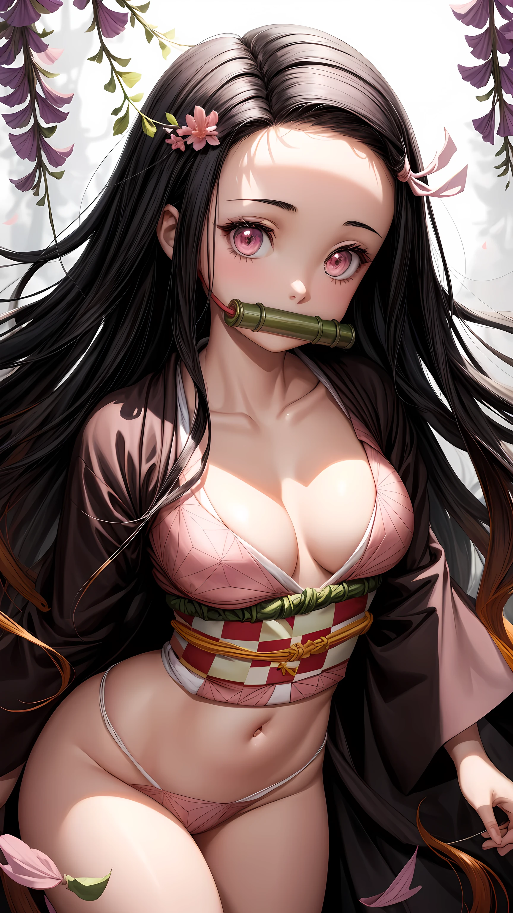 masterpiece, (pink kimono), seductive face, good lighting, décolleté, fine details, masterpiece, glowing eyes, 1girl, black hair, gag, bamboo, Nezuko Kamado, wisteria background, masterpiece, best quality, POV, whole body, wide hips,