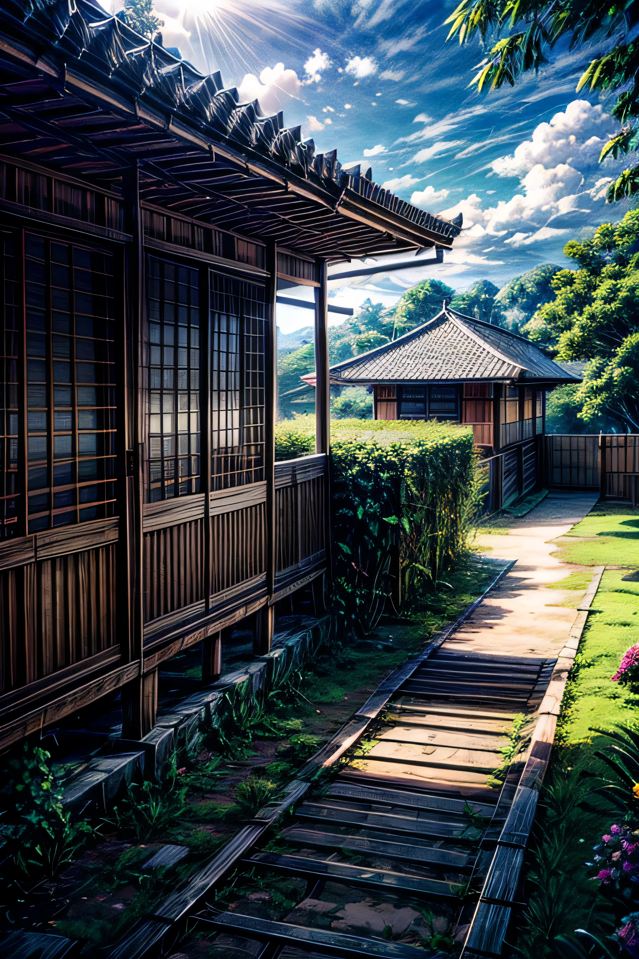 A highly detailed, realistic image of a house in rural Indonesia. With old wooden walls, a clay tile roof, and a bamboo fence. There is a Mango tree in front of the house. Some flowers in the yard. It is early morning, when the sun is just rising. Sunny, white cloudy sky, light breeze. Panoramic view. Depth of field 270mm. 