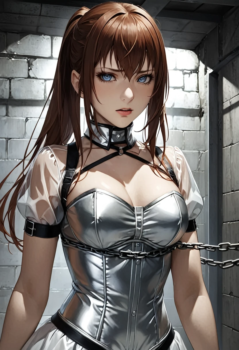 Chained bondage BDSM makise kurisu from steins gate anime wearing transparent silver corset ,detailde basement background ,realistic face skin