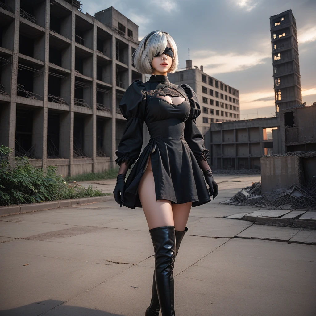 score_9, score_8_up, score_7_up, 32k,masterpiece, highest quality, 
photo realistic, super detail, vibrant colors, chiaroscuro lighting, cinematic lighting,
1 woman inspired nier automata 2B,
bob cut, silver hair, mole under mouth, black hairband, black blindfold, covered eyes,
black dress, long sleeves,  Juliet sleeves, cleavage cutout, black gloves, puffy sleeves, black thigh-high under boots,
ruins of factory, ivy covered building, devastated cities, dark cloudy sky,
seductive pose, cinematic angle,