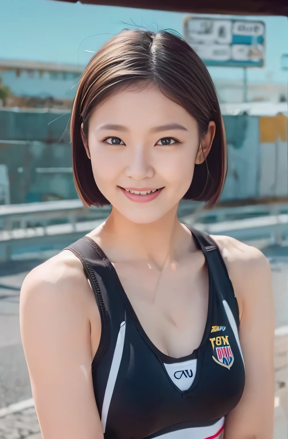Red track and field bloomers for sprinters:1.5), (red sports bra for sprinters:1.4), (red track bloomers:1.5), (red athletic sports bra:1.4),Japanese actress Asami Mizukawa、Transparent beautiful skin、Cool impression with long eyes、speak slowly and carefully、hidden core strength、A dark-hairedが似合っていますね、Makeup that is not too flashy、Makeup looks natural too、Beautiful posture、a small face、The nasal muscles are passing through、The corners of the mouth are turned higher than the width of the head、Less than one third of the vertical width of the face、The border between the eyebrows and the base of the nose is deeply concave、The distance between the left and right eyes is、、、narrower than the width of one eye、distance between eyes and eyebrows、Narrower than one vertical width of the eye、The outline is、Oval or long type、The shape of the jaw resembles an upside down 、Hairstyles、natural one-len、(masutepiece, top-quality、high-detail:1.4、Very attractive beauty、Add intense highlights to the eyes、Look firmly at the camera:1.4、A beautiful woman full of charm、Ideal ratio body proportions、Perfect Anatomy、Lustrous hair、lipgloss),1girl in, 独奏, Light brown shiny hair, muffler,realisitic, looking at the viewers、Tilt your head slightly、 唇はlipgloss,big eye、Lashes、The face is a little red、Embarrassing)、((Put very strong highlights in your students、gazing at viewer、Very beautiful beauty、Put your ears out、long neck、少しsmil、Beautiful teeth、口を開いてsmil、Heart-shaped pupil))、28 year old、Very cute supermodel、(The highest image quality:1.35), Realistic Photos, (One Woman:1.33), Beautiful expression, (A detailed eye:1.4), (Black eyes:1.4), (A detailed face:1.35), (smil), (Looking at the camera:1.4), (Lustrous hair:1.4), (A dark-haired:1.45), (muscular body:1.2), High resolution, Sporty physique, (Large breasts:1.2), (short-hair?:1.4), (Beautiful woman), (Cute navel:1.35), (Depth of field f/1.2:1.45), (blurry backround), Sharp Focus, Raw photo,  (spreading arms), (Strong thighs:1.35), (Turn your face to the front:1.35), (Cowboy Shot:1.45), (athletic field:1.2), (blue-sky:1.45),