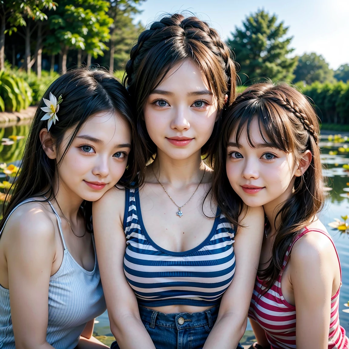 (best quality, 3heads, european girl with two head kissing girl on cheek, different hair bangs, tied hair, half color t-shirt,park background,)
