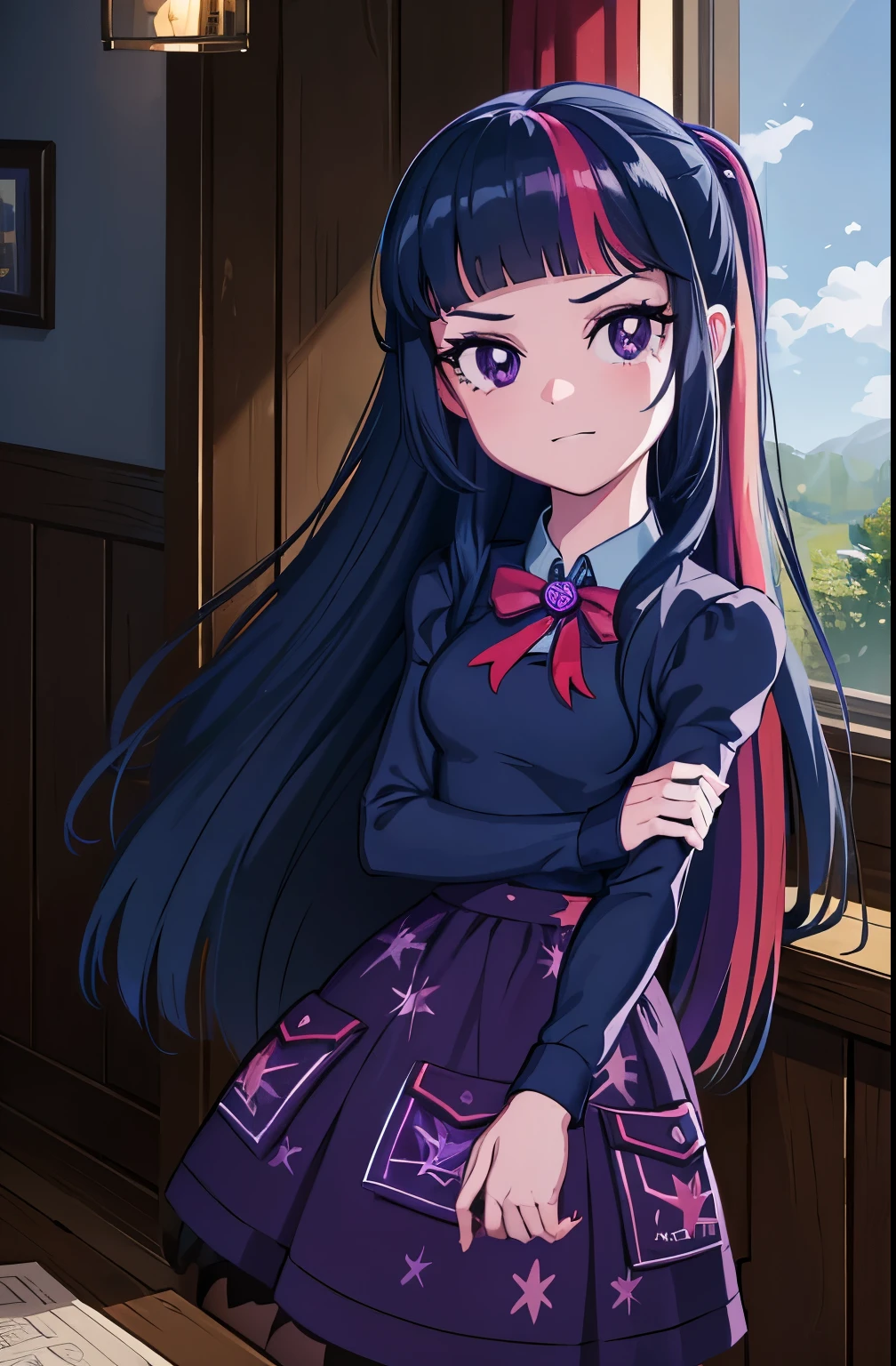 a close up of a cartoon girl with a pony in a room, dark cool twilight, cool twilight, Twilight Glow, but a stern look upon her, Equestria, Fim ainda, sorriso nefasto, Dreamcore looking, crepuscular rays, night!, frowning, smiling slightly, night escura