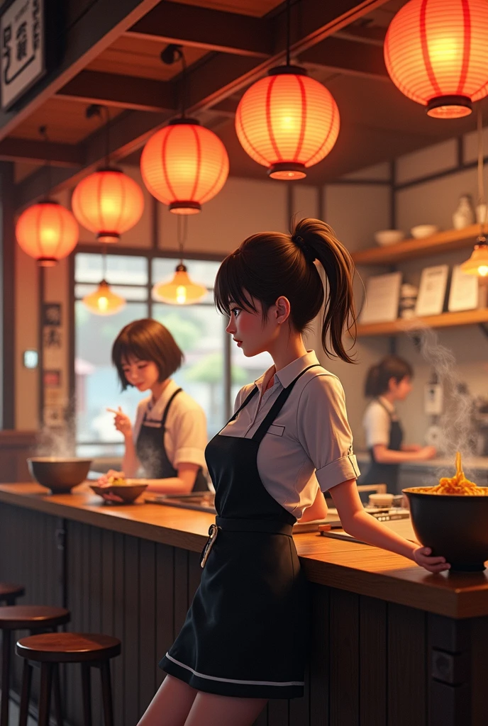 masterpiece, best quality, high quality, detailed, ultra detailed, hyper detailed, insanely detailed, exquisite, beautiful, FHD, Full-HD, 4K, 8K, 16K, highres, absurdres, bar, woman, interior photo, laughing, hair bun, brown hair, brown eyes, pale skin, beauty mark, in the bar, with a table, at night, chill atmosphere,A bartender's sister making drinks at a bar,cowboy shot