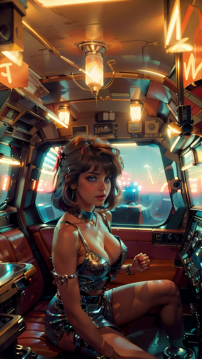 high view shot, In the heart of the retrowave 80's world, a young beautiful woman with 80's style haircut, 80's fashion sexy clothing, sensual pose, The angle of the scene is dynamic and high, capturing the intensity of the moment, fine quality silver eyes, eyes looking at the camera, ultra detailed, 