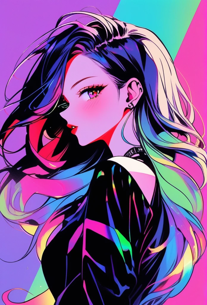profile, (1 girl is rainbow long hair, hair fluttering in the strong wind:1.3), sharp triangle face, closed eyes, thinking expression, pale white dress, left position, colorful galaxy background intricate detailed, mixed media, concept art of rainbow, beauty beautiful, hair lighting, sleek stylish, ultra quality, insane details, high resolution,