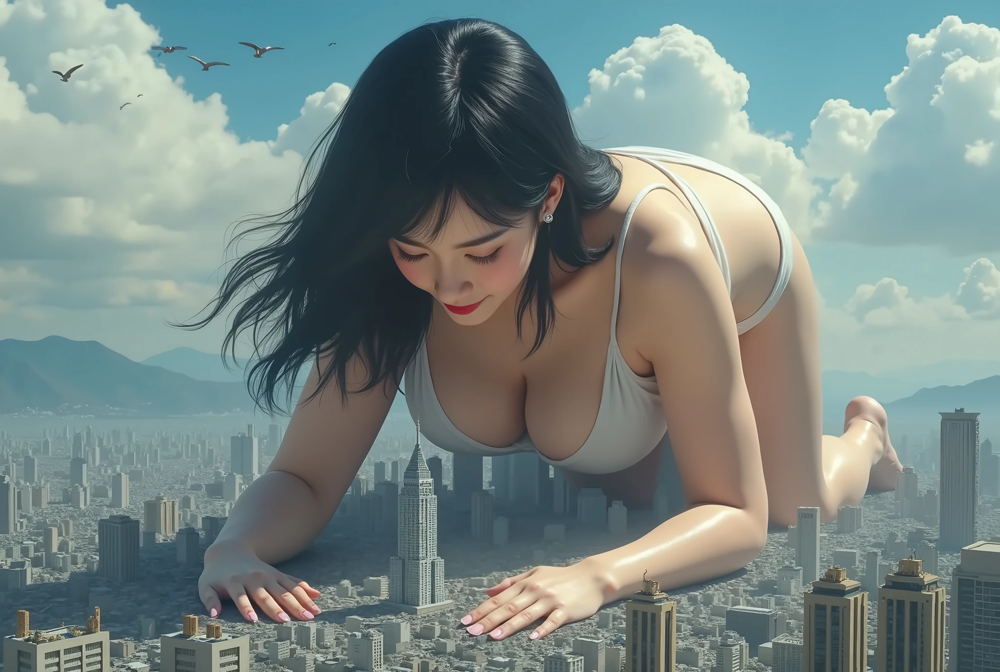 (photorealism:1.2) young 18 year old naked asian giantess standing over a city  holding a shrunken man and fondling herself