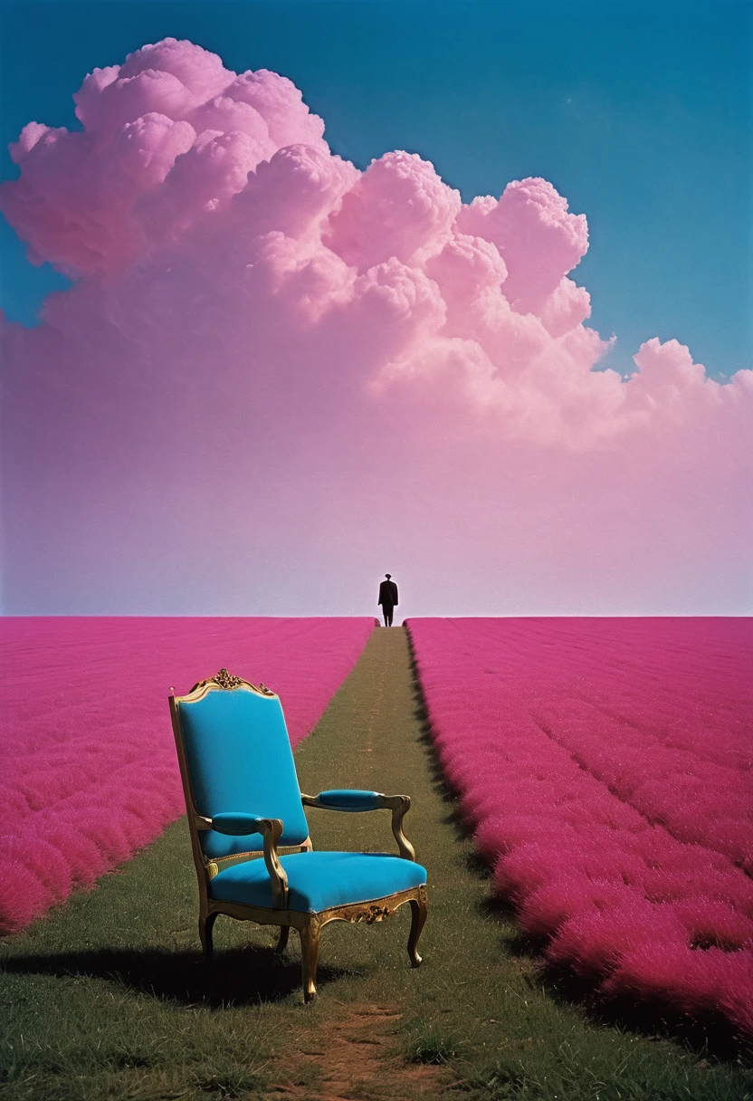 A wide-open field of bright blue grass under a glowing pink sky. In the middle of the field stands a golden chair, perfectly polished, with no one sitting in it. Far in the background, two small, cloaked figures can be seen approaching the chair from opposite directions. Created Using: dreamlike composition, minimalist surrealism, bright and strange color palette, unusual shadows, quiet yet mysterious, Alejandro Jodorowsky and Magritte-inspired surrealism, hd quality, minimalist, colorful surrealist, bizarre, Fantastic Planet, the holy mountain, iso 400 panavision camera, 35mm lens, 1974, slightly out of focus, heavy chromatic abberations