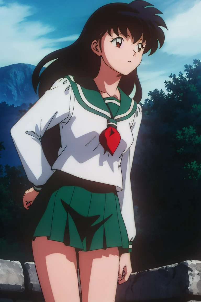 1girl, solo, outdoors, long hair, brown eyes, school uniform,(Masterpiece: 1.6, Best Quality), (Fine Beautiful Eyes: 1.2), (best quality, masterpiece, higher), green school uniform, soft thighs , long sleeves, white socks, scenery , Best Quality, ((anime)) ((Colored)) HD, Kagome Higurashi ,school uniforms, Standing, Green skirt, Red scarf, long hair, Black hair between the eyes, Thighs are soft, school background , black hair, skirt ,standing, green skirt, serafuku, belly button, poking
