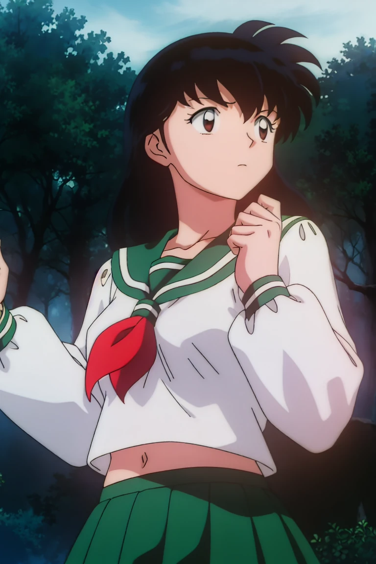 1girl, solo, outdoors, long hair, brown eyes, school uniform,(Masterpiece: 1.6, Best Quality), (Fine Beautiful Eyes: 1.2), (best quality, masterpiece, higher), green school uniform, soft thighs , long sleeves, white socks, scenery , Best Quality, ((anime)) ((Colored)) HD, Kagome Higurashi ,school uniforms, Standing, Green skirt, Red scarf, long hair, Black hair between the eyes, Thighs are soft, school background , black hair, skirt ,standing, green skirt, serafuku, belly button, poking
