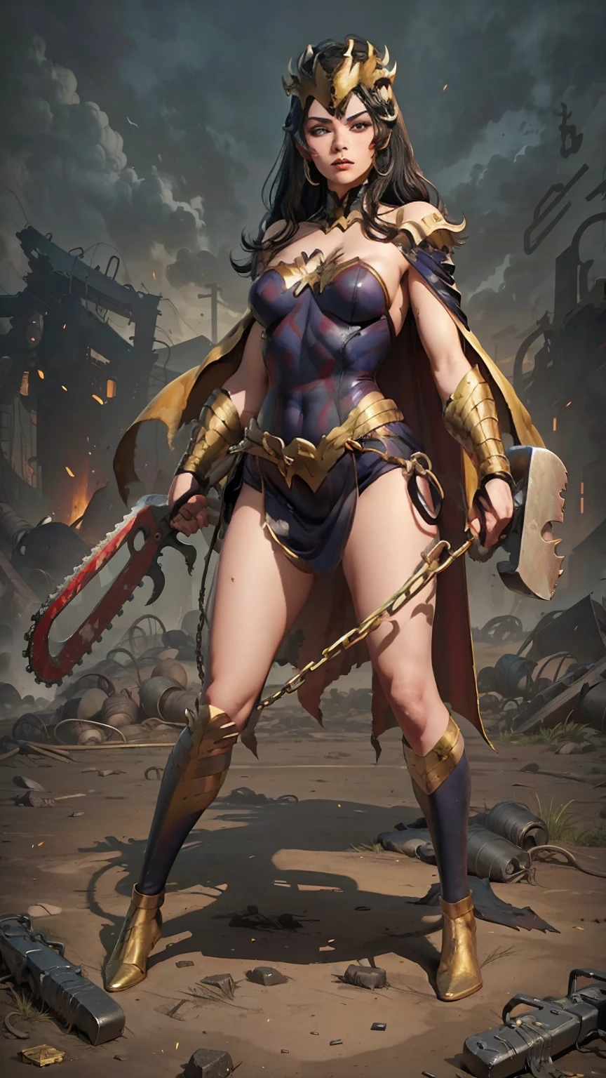 Sailor Beauty, a female warrior with steel in the soft, wearing a broken metal armor, holding a big axe in both hands, blood, a beautiful warrior in a standing posture, developed muscles, real light effects and details, battle damage, sexy beauty, fog, radiation game style, bloody, the background is the ruins of the war Our courtyard is broken, the depth of field is blurred, sweat,