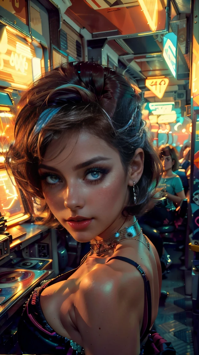 high view shot, In the heart of the retrowave 80's world, a young beautiful woman with 80's style haircut, 80's fashion sexy clothing, sensual pose, The angle of the scene is dynamic and high, capturing the intensity of the moment, fine quality silver eyes, eyes looking at the camera, ultra detailed, 