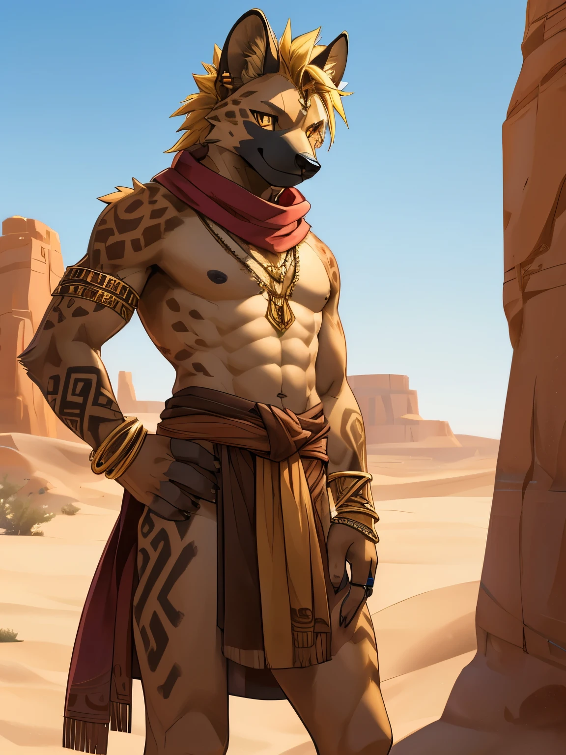 hyena, antho hyene, furry, male, 20yo,
standing, hand on hip, look at viewer, seductive smile,
((beige fur)), (black weight on fur:0.8), (white chest), (lightbrown muzzle), light fur,
(((short)), blond) hairs, amber eyes,
golden earrings, golden and amber pendant,
(((thin body))), meager,
fullbody, partial desert clothes, shirtless, scarf, (((arm ring tatooes:1.2))),
desert background,
detailled fur, detailled head, ((detailed eyes)), lighting eyes, (detailed hyena head), detailed ears, masterpiece, 4k