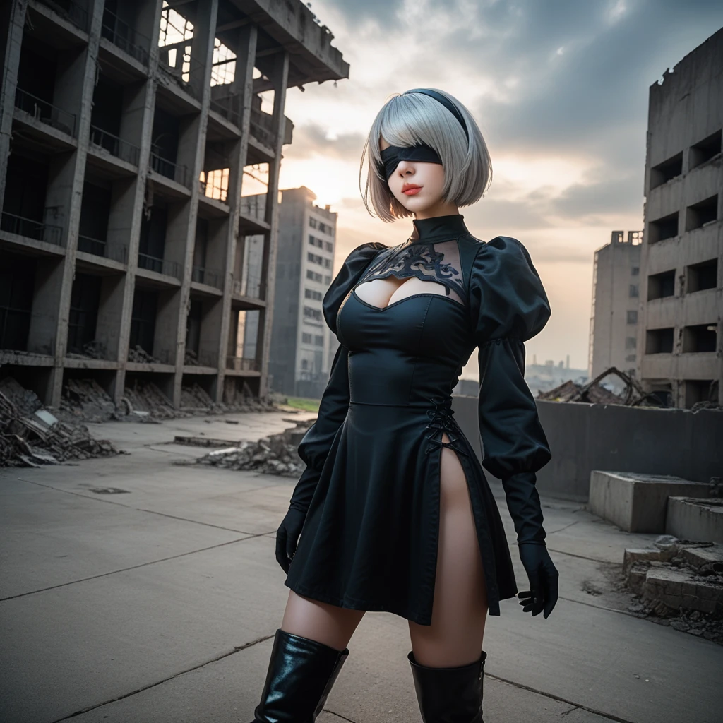 score_9, score_8_up, score_7_up, 32k,masterpiece, highest quality, 
photo realistic, super detail, vibrant colors, chiaroscuro lighting, cinematic lighting,
1 woman inspired nier automata 2B,
bob cut, silver hair, mole under mouth, black hairband, black blindfold, covered eyes,
black dress, long sleeves,  Juliet sleeves, cleavage cutout, black gloves, puffy sleeves, black thigh-high under boots,
ruins of factory, ivy covered building, devastated cities, dark cloudy sky,
seductive pose, cinematic angle,