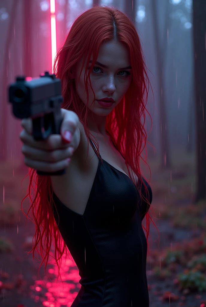red hair girl, dark skin tone, with a mischievous smile and tongue sticking out, Red sexy clothes, Pointing a gun at the camera, a night with lighting tones pulled towards purple and a little bit of blue, artwork style: realisitic
