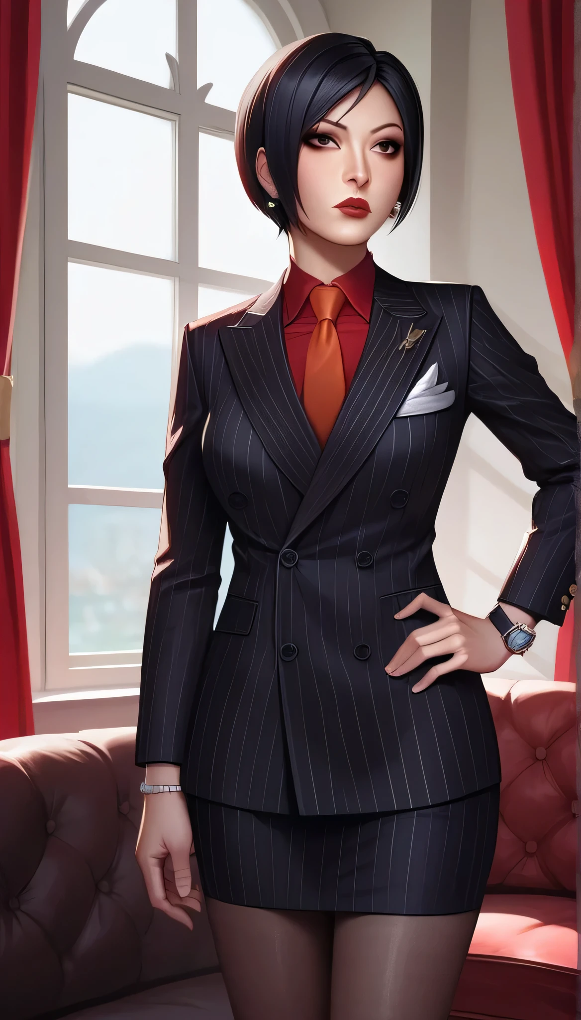 score_9, score_8_up, score_7_up, score_6_up, source_anime, double-breasted suits, 1girl, solo, asian woman, ada wong, black hair, short hair, formal, black pinstripe suit, (((red silk necktie))), earrings, jacket, shirt, standing, hand on hip, window, watch, black pinstripe jacket, wristwatch, red shirt, red lips, black pinstripe skirt, makeup, pantyhose, cufflinks, long necktie