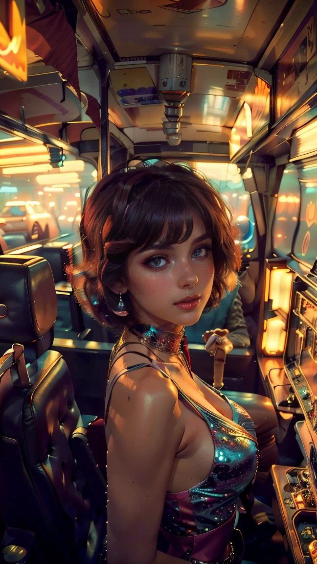 high view shot, In the heart of the retrowave 80's world, a young beautiful woman with 80's style haircut, 80's fashion sexy clothing, sensual pose, The angle of the scene is dynamic and high, capturing the intensity of the moment, fine quality silver eyes, eyes looking at the camera, ultra detailed, 