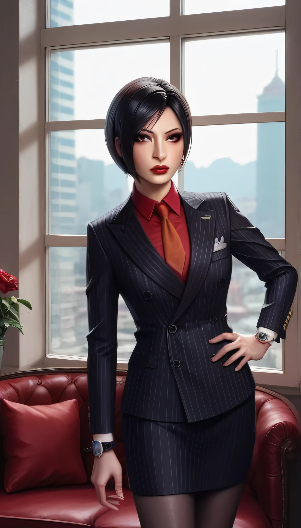 score_9, score_8_up, score_7_up, score_6_up, source_anime, double-breasted suits, 1girl, solo, asian woman, ada wong, black hair, short hair, formal, black pinstripe suit, (((red silk necktie))), earrings, jacket, shirt, standing, hand on hip, window, watch, black pinstripe jacket, wristwatch, red shirt, red lips, black pinstripe skirt, makeup, pantyhose, cufflinks, long necktie