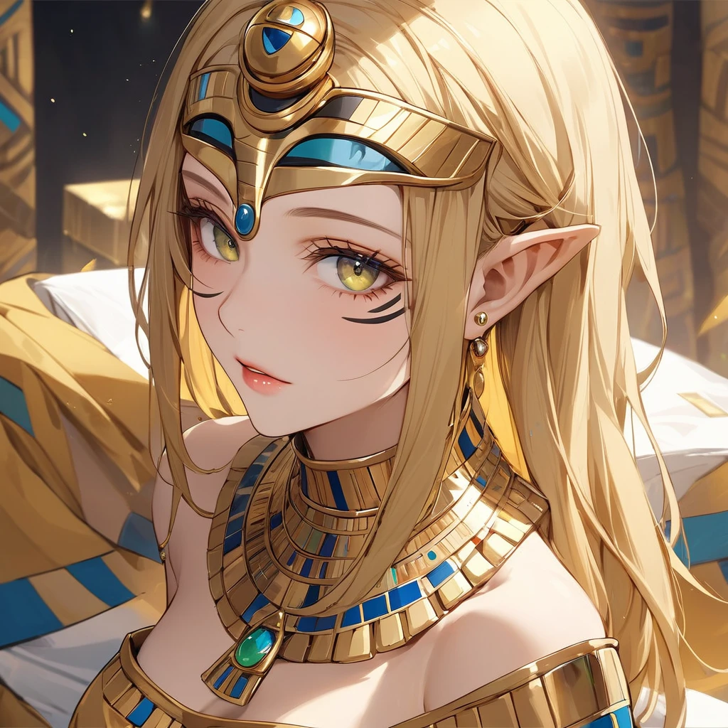 ((Best Quality)), ((masterpiece)), (detailed), （Perfect Face）、The golden-skinned high elf female Tutankhamun is Seras Ashrain, wearing an Egyptian Tutankhamun costume, a golden Tutankhamun mask, gorgeous jewelry accessories, and an engagement ring. She is a blonde, medium-length haired high elf, and her face is painted gold to resemble Tutankhamun&#39;s face.