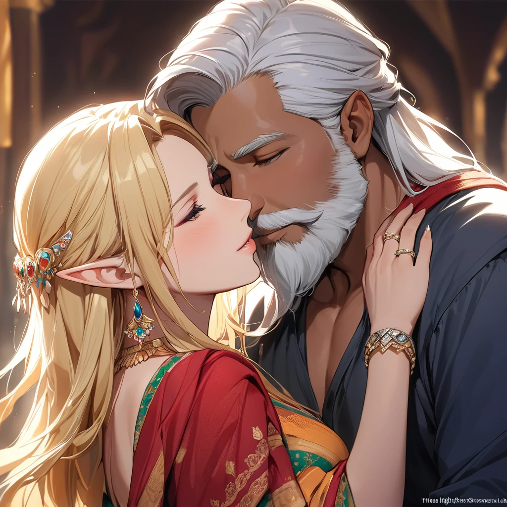 ((Best Quality)), ((masterpiece)), (detailed), （Perfect Face）、The high elf woman is Seras Ashlain, a blonde, medium-long-haired high elf wearing a colorful Indian traditional sari, gorgeous jewelry and an engagement ring.、The woman has married a middle-aged Indian man with a beard and has become an Indian woman, embracing and kissing her husband.