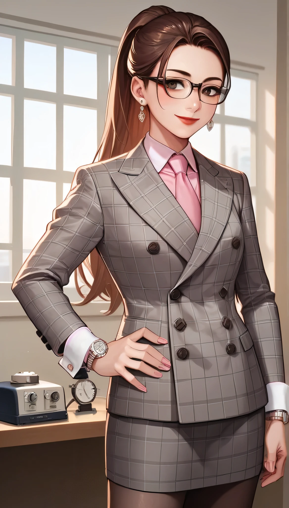 score_9, score_8_up, score_7_up, score_6_up, source_anime, double-breasted suits, 1girl, solo, brown hair, long hair, high ponytail, glasses, smile, pretty, formal, jewelry, grey plaid suit, pink silk necktie, earrings, jacket, shirt, standing, hand on hip, window, black eyes, watch, grey plaid jacket, wristwatch, light pink shirt with white collar, red lips, grey plaid skirt, makeup, pantyhose, cufflinks, black lapel trim, brown eyes, pink nails,High Resolution, Blush, white cuffs