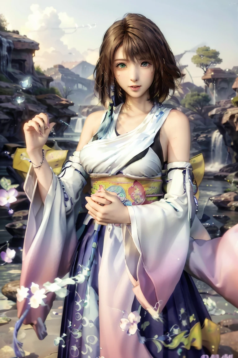 HDR，UHD，8K quality，Pixel detail，Ultra-realistic，1 girl is very beautiful and graceful，YunaFFX, heterochromia, short hair, YunaOutfit, hair ornament, detached sleeves, hakama, sash, hakama skirt, long skirt,ahegao,stick tongue out,double peace,