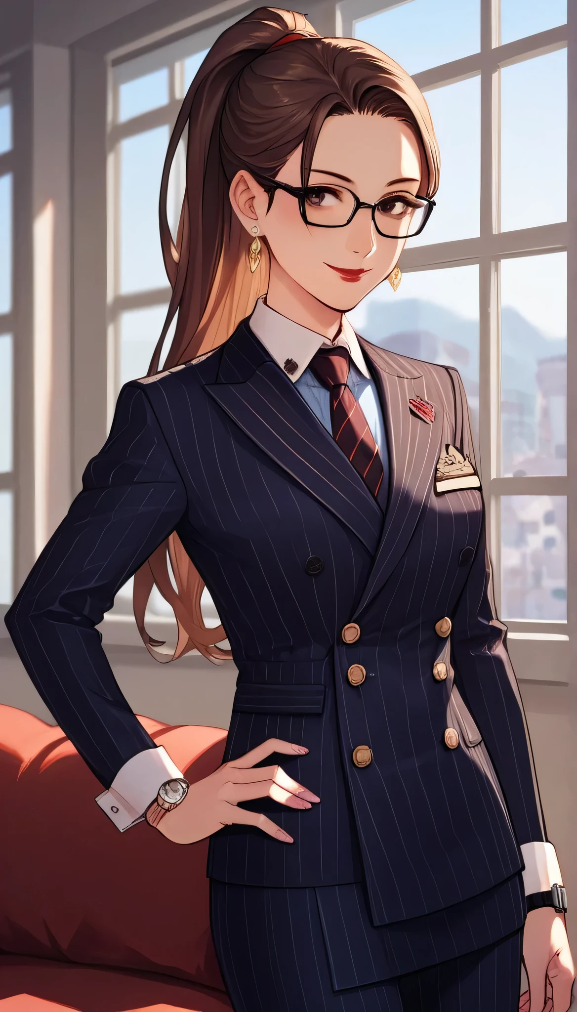 score_9, score_8_up, score_7_up, score_6_up, source_anime, double-breasted suits, 1girl, solo, brown hair, long hair, high ponytail, glasses, smile, pretty, formal, jewelry, navy pinstripe suit, red silk necktie, earrings, jacket, shirt, standing, hand on hip, window, black eyes, watch, navy pinstripe jacket, wristwatch, light blue shirt with white collar, red lips, navy pinstripe skirt, makeup, pantyhose, cufflinks, black lapel trim, brown eyes, pink nails,High Resolution, Blush, white cuffs