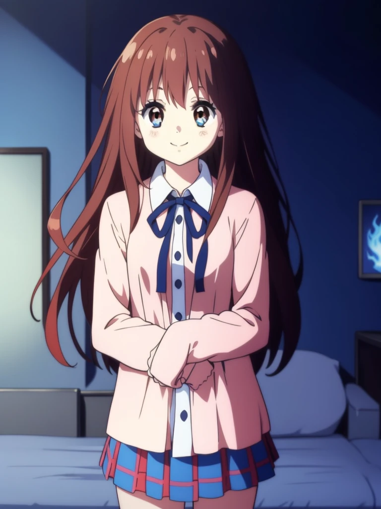 Ai shindou, 1girl, solo, long hair, floating hair, blue skirt, blue uniform, brown hair,  long sleeves, blue sea eyes, plaid, zombie, smile, plaid skirt, ribbon, cowboy Shot,
Darkness in the room, fire behind and near, blue fire color
masterpiece, high quality, very_high_resolution, large_filesize, full color,